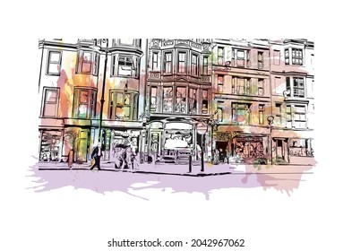 Building view with landmark of Hastings is the 
town in England. Watercolor splash with hand drawn sketch illustration in vector.