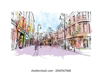 Building view with landmark of Hastings is the 
town in England. Watercolor splash with hand drawn sketch illustration in vector.