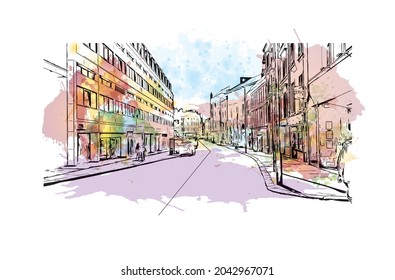 Building view with landmark of Hastings is the 
town in England. Watercolor splash with hand drawn sketch illustration in vector.