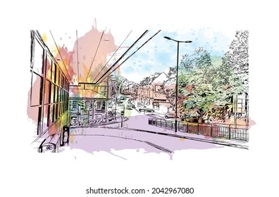 Building view with landmark of Hastings is the 
town in England. Watercolor splash with hand drawn sketch illustration in vector.