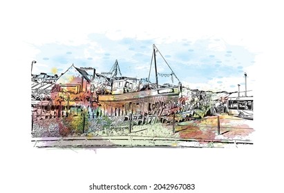 Building view with landmark of Hastings is the 
town in England. Watercolor splash with hand drawn sketch illustration in vector.