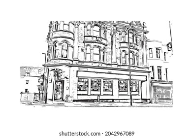 Building view with landmark of Hastings is the 
town in England. Hand drawn sketch illustration in vector.