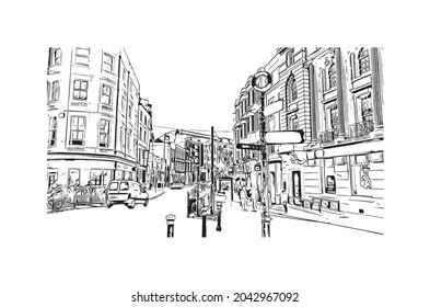 Building view with landmark of Hastings is the 
town in England. Hand drawn sketch illustration in vector.