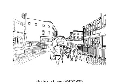 Building view with landmark of Hastings is the 
town in England. Hand drawn sketch illustration in vector.