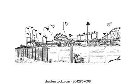 Building view with landmark of Hastings is the 
town in England. Hand drawn sketch illustration in vector.