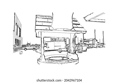 Building view with landmark of Hastings is the 
town in England. Hand drawn sketch illustration in vector.