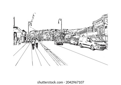 Building view with landmark of Hastings is the 
town in England. Hand drawn sketch illustration in vector.