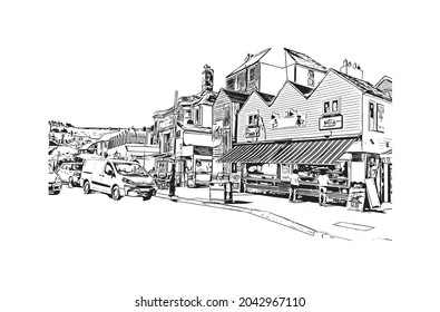 Building view with landmark of Hastings is the 
town in England. Hand drawn sketch illustration in vector.