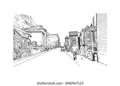 Building view with landmark of Hastings is the 
town in England. Hand drawn sketch illustration in vector.