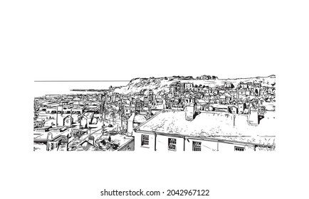 Building view with landmark of Hastings is the 
town in England. Hand drawn sketch illustration in vector.