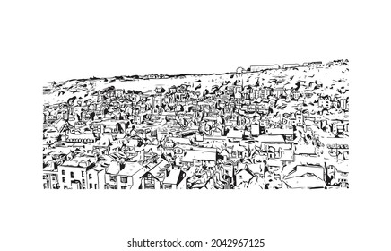 Building view with landmark of Hastings is the 
town in England. Hand drawn sketch illustration in vector.