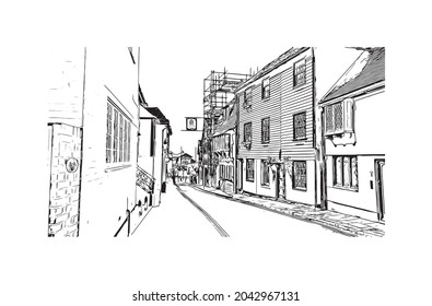 Building view with landmark of Hastings is the 
town in England. Hand drawn sketch illustration in vector.