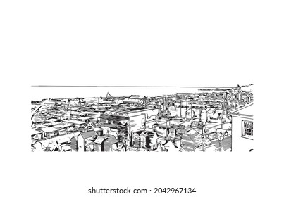 Building view with landmark of Hastings is the 
town in England. Hand drawn sketch illustration in vector.