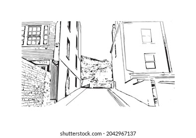 Building view with landmark of Hastings is the 
town in England. Hand drawn sketch illustration in vector.