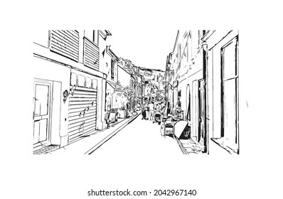 Building view with landmark of Hastings is the 
town in England. Hand drawn sketch illustration in vector.