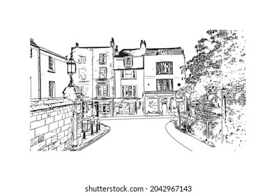 Building view with landmark of Hastings is the 
town in England. Hand drawn sketch illustration in vector.