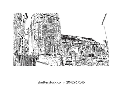 Building view with landmark of Hastings is the 
town in England. Hand drawn sketch illustration in vector.