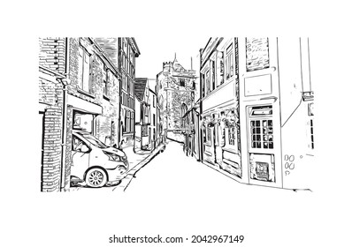 Building view with landmark of Hastings is the 
town in England. Hand drawn sketch illustration in vector.