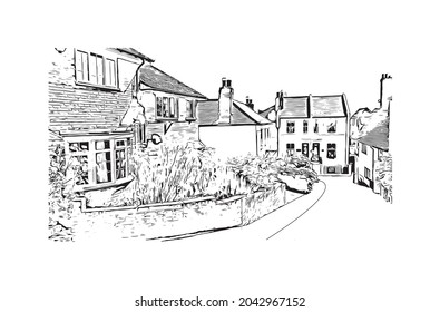 Building view with landmark of Hastings is the 
town in England. Hand drawn sketch illustration in vector.