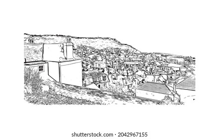 Building view with landmark of Hastings is the 
town in England. Hand drawn sketch illustration in vector.