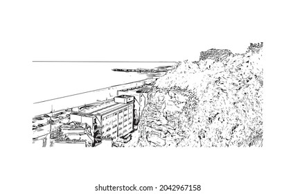 Building view with landmark of Hastings is the 
town in England. Hand drawn sketch illustration in vector.