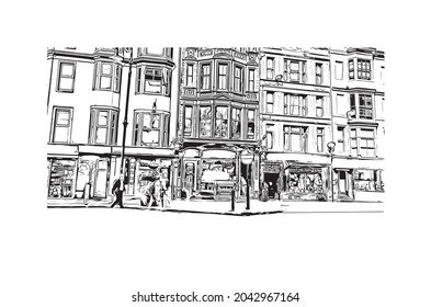 Building view with landmark of Hastings is the 
town in England. Hand drawn sketch illustration in vector.