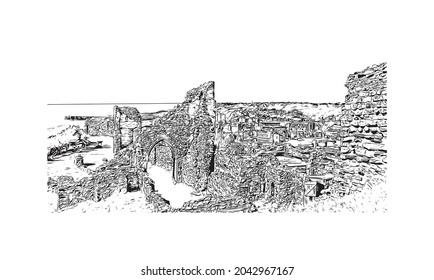 Building view with landmark of Hastings is the 
town in England. Hand drawn sketch illustration in vector.