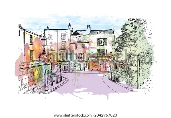 Building view with landmark of Hastings is the\
\
town in England. Watercolor splash with hand drawn sketch\
illustration in\
vector.