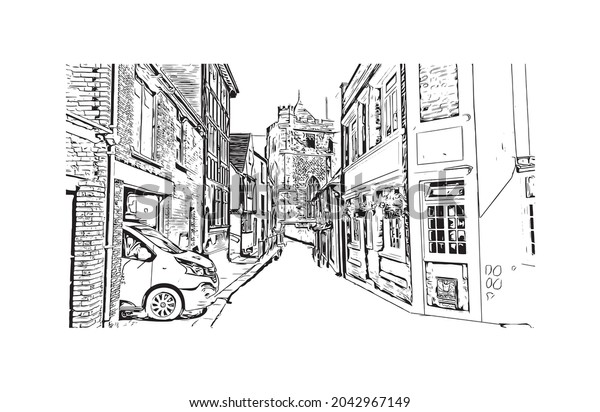 Building view with\
landmark of Hastings is the \
town in England. Hand drawn sketch\
illustration in\
vector.