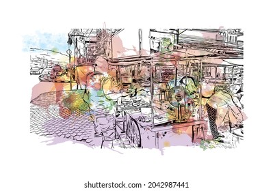 Building view with landmark of Hat Yai is the 
city in Thailand. Watercolor splash with hand drawn sketch illustration in vector.