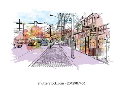 La vista de construcción con un punto de referencia de Hat Yai es el 
ciudad de Tailandia. Salto de color de agua con ilustración de esbozo dibujada a mano en vector.