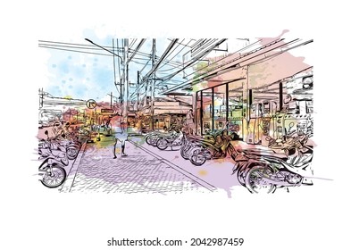 Building view with landmark of Hat Yai is the 
city in Thailand. Watercolor splash with hand drawn sketch illustration in vector.