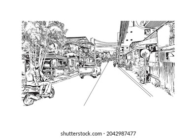 Building view with landmark of Hat Yai is the 
city in Thailand. Hand drawn sketch illustration in vector.