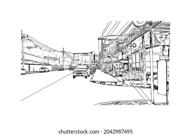 Building view with landmark of Hat Yai is the 
city in Thailand. Hand drawn sketch illustration in vector.