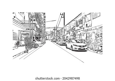Building view with landmark of Hat Yai is the 
city in Thailand. Hand drawn sketch illustration in vector.