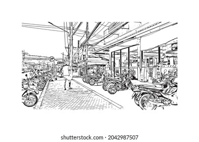 Building view with landmark of Hat Yai is the 
city in Thailand. Hand drawn sketch illustration in vector.
