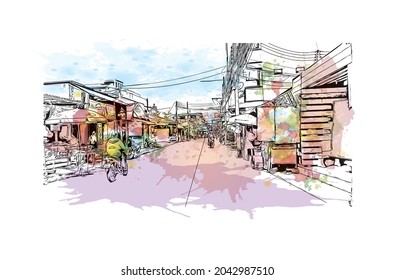 La vista de construcción con un punto de referencia de Hat Yai es el 
ciudad de Tailandia. Salto de color de agua con ilustración de esbozo dibujada a mano en vector.