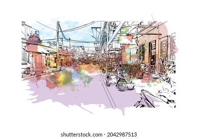 Building view with landmark of Hat Yai is the 
city in Thailand. Watercolor splash with hand drawn sketch illustration in vector.