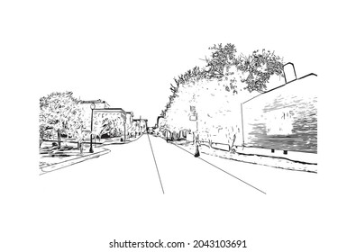 Building view with landmark of Hattiesburg is the 
city in Mississippi. Hand drawn sketch illustration in vector.