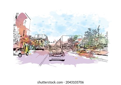 Building view with landmark of Hattiesburg is the 
city in Mississippi. Watercolor splash with hand drawn sketch illustration in vector.