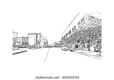 Building view with landmark of Hattiesburg is the 
city in Mississippi. Hand drawn sketch illustration in vector.