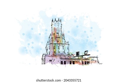 Building view with landmark of Havana is the 
capital of Cuba. Watercolor splash with hand drawn sketch illustration in vector.