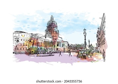 Building view with landmark of Havana is the 
capital of Cuba. Watercolor splash with hand drawn sketch illustration in vector.