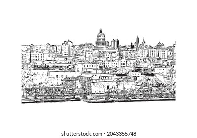 Building view with landmark of Havana is the 
capital of Cuba. Hand drawn sketch illustration in vector.