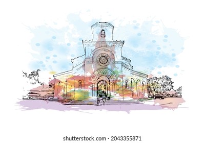 Building view with landmark of Havana is the 
capital of Cuba. Watercolor splash with hand drawn sketch illustration in vector.