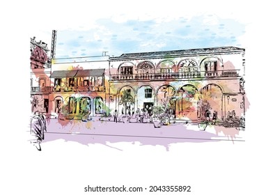 Building view with landmark of Havana is the 
capital of Cuba. Watercolor splash with hand drawn sketch illustration in vector.