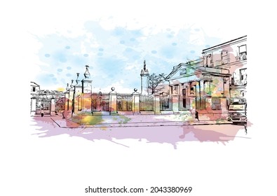 Building view with landmark of Havana is the 
capital of Cuba. Watercolor splash with hand drawn sketch illustration in vector.