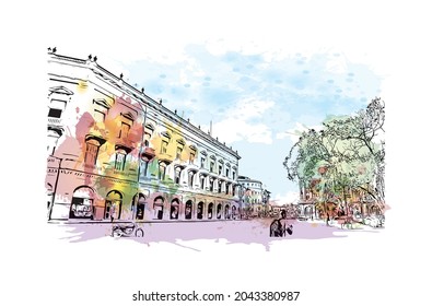 Building view with landmark of Havana is the 
capital of Cuba. Watercolor splash with hand drawn sketch illustration in vector.