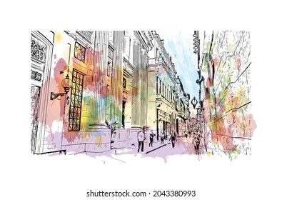 Building view with landmark of Havana is the 
capital of Cuba. Watercolor splash with hand drawn sketch illustration in vector.