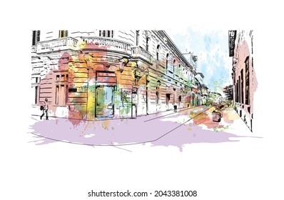 Building view with landmark of Havana is the 
capital of Cuba. Watercolor splash with hand drawn sketch illustration in vector.